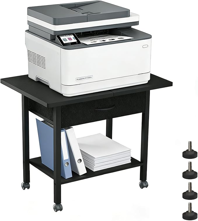 22" x 15" Under Desk Rolling Printer Stand, 2-Tier Industrial Mobile Printer Table with Strong Fabric Drawer, Storage Shelf, Steel Frame and Lockable Wheels, Printer Cart for Home Office (Black)