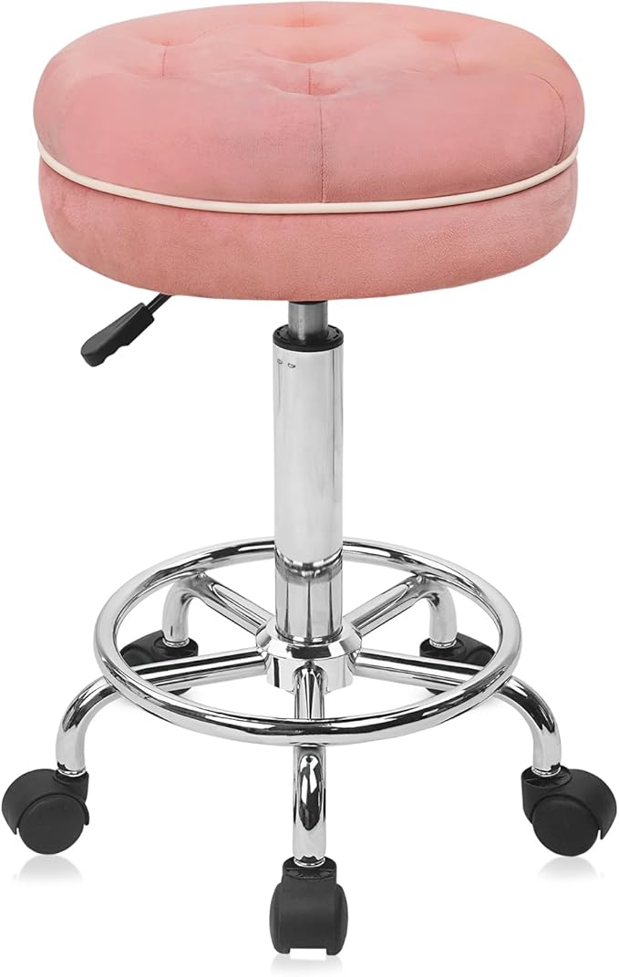 KLASIKA Velet Rolling Bar Stool with Wheels, Tall Drafting Stool with Adjustable Height and Footrest, Multi-Purpose Office Desk Chair for Home Kitchen Shop Work, Pink (1PK)