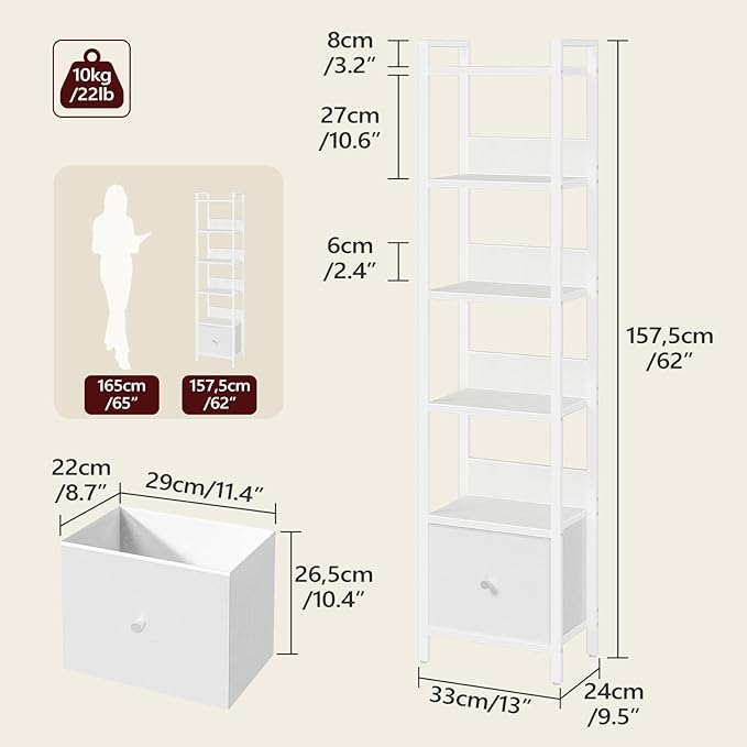 MAHANCRIS Bookshelf, 6-Tier Bookcase with Drawer, Small Book Shelf for Small Space, Storage Shelf Organizer, for Living Room, Bedroom, Study, Kitchen, White BKWT66101