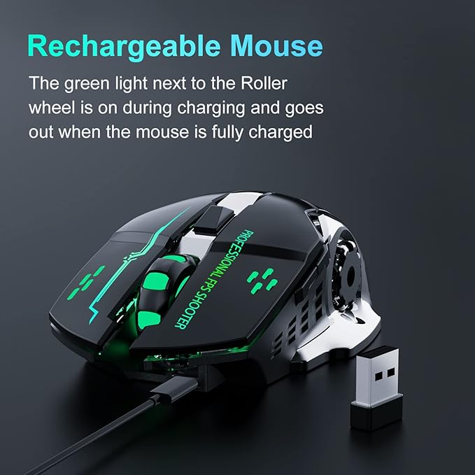 New 2.4G Wireless Rechargeable Gaming Mouse Silent Click with 6 Buttons, 3 Adjustable Levels DPI, Colorful LED Lights for Laptop, iPad, MacOS, PC, Windows, Android (Black)