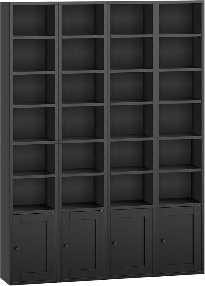 RALGEND 7-Tier Tall Narrow Bookshelf with Door Set of 4, 70.9 Inches CD DVD Slim Media Tower Rack with Storage Cabinet, Adjustable Shelves, Skinny Bookshelf Display Bookcase for Home Office, Black
