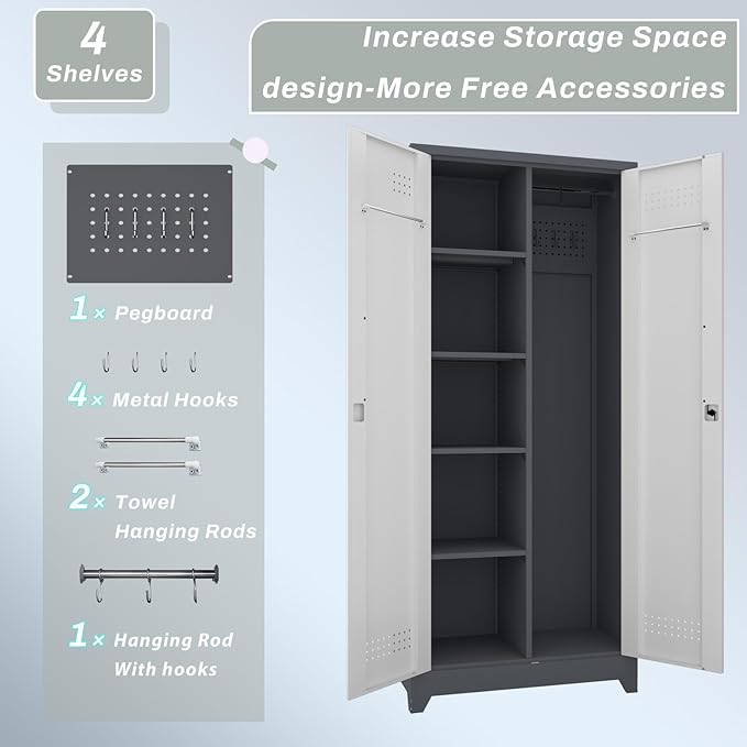 IRONFFICE Metal Garage Storage Cabinet with 2 Doors,72" H Steel Locking Storage Cabinet with Adjustable Shelves,Lockable Tool Cabinets for Office,Home,Garage,Gym,Grey-White