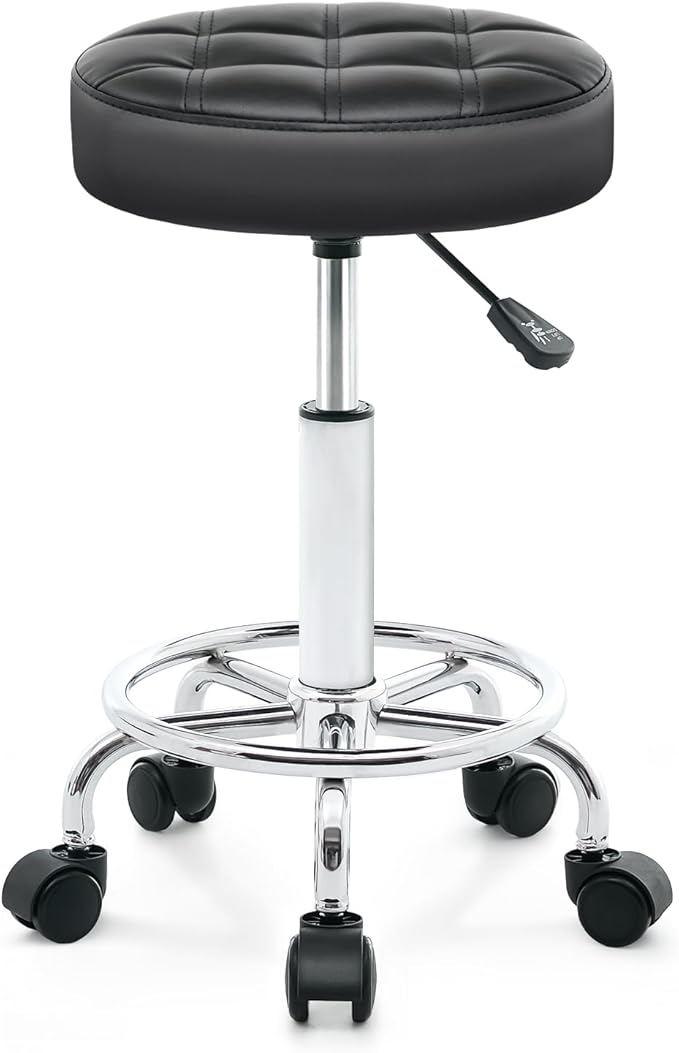 Rolling Stool with Wheels - Swivel Small Office Chair with Footrest, PU Leather Shop Stool for Office Spa Studio Lab Counter Salon Home Work Bar Kitchen Shop Teach Medical Facial, Black
