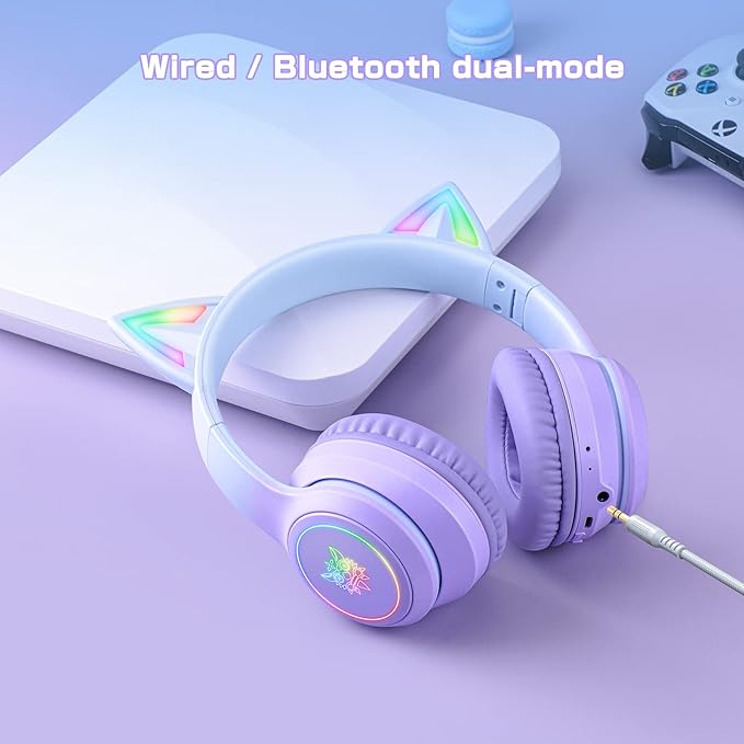Bluetooth Cat Ear Headphones for Kids & Adults, Wireless & Wired Mode Foldable Headset with Mic - Clear Sound Quality - RGB LED Light, for Girls School Gaming, for Phone/Laptop/PC/Tablet, Purple