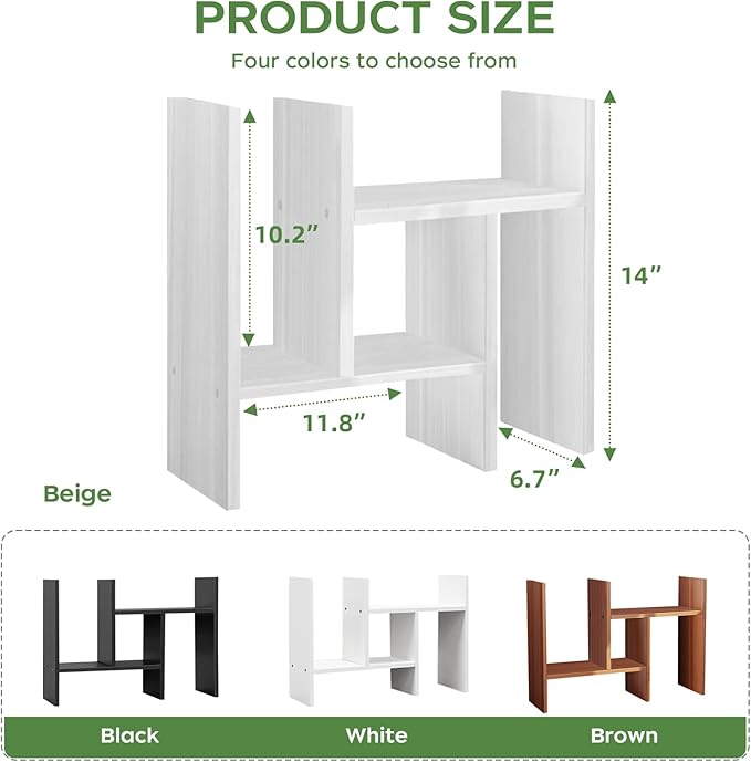 White Desk Organizer Shelf Wooden Desktop Bookshelf Adjustable Desktop Organizer Shelves Small Book Shelf for Office Desk Supplies Home Storage Natural Stand Decor (1*)