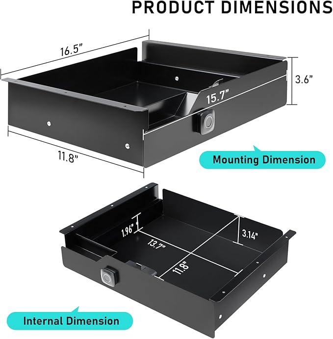 Under Desk Drawer with Biometric Fingerprint Lock, Metal Undermount Table Drawer, Slides Out Tray Organizer for Paper, Pencil, and Laptop 16"x11.8"x3.6", Black with Fingerprint Lock
