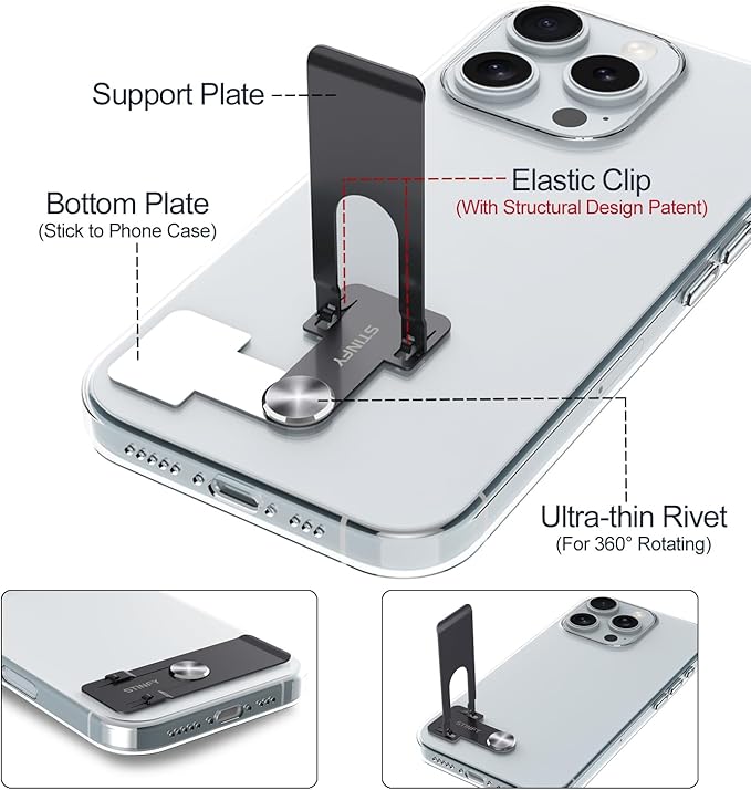 Phone Slim Kickstand, Ultra Thin Vertical and Horizontal 360° Rotating Universal Steel Metal Stable Stand Pocket Friendly Sticky Holder for iPhone Samsung Cellphone Case (Black 2-Pack)