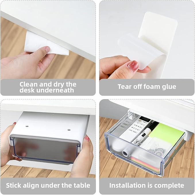 yuntop 1 Pcs Under Desk Drawer, Under Table Hidden Organizer, Plastic Self-adhesive Slide out Under Desk Storage Drawer for Office Dresser Home School Stationery Kitchen (White)