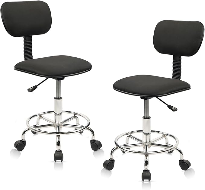 KLASIKA Low Wide Rolling Swivel Stool with Backrest, Adjustable Height Salon Chair Stools with Footrest for Spa Tattoo Office Desk Massage Task Lash Barber Facial, Black 2PK