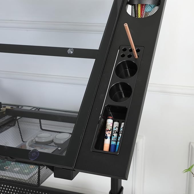 Adjustable Height Drafting Table with Storage Drawers & Stool for Adults, Glass Art Desk with Side Storage Strips, Drawing Table with Tilted Tabletop for Art Office Study (Black+Glass B)