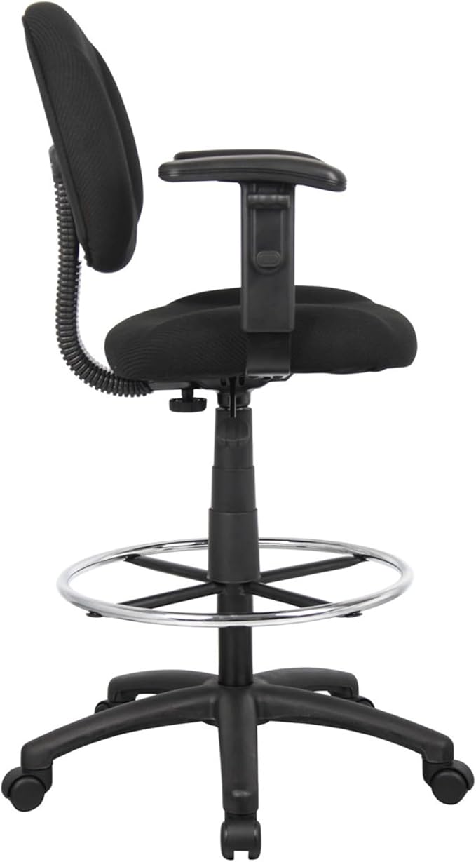 Benzara Jea Drafting Stool Chair, Adjustable Arms, Black Tweed, Round Footring