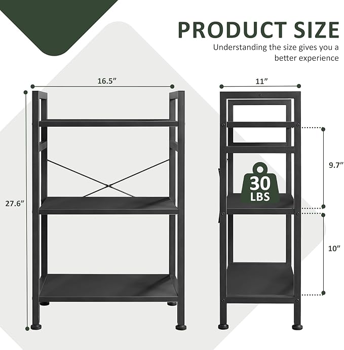 3 Tier Bookshelf, Free Standing Wooden Bookcase with Open Storage Shelves with Metal Frame, Sturdy Shelf Organization Display Rack for Living Room, Bedroom, Home Office, 27.6" Tall, Black