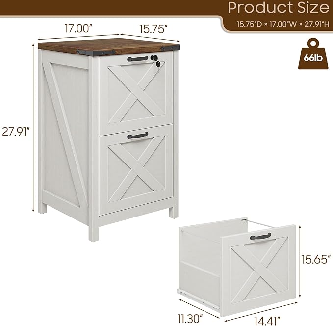 Vabches Vertical File Cabinet with 2 Drawers, Wooden Farmhouse Filing Cabinet for Letter/A4 Size Hanging Files, Under Desk Printer Stand with Storage for Home Office, White and Lock