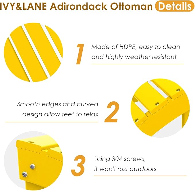IVY&LANE Outdoor Adirondack Ottoman | Folding | HDPE | Yellow | All Weather | Waterproof Patio Footrest for Adirondack Chair | Poly Lumber Foot Rest for Deck Backyard
