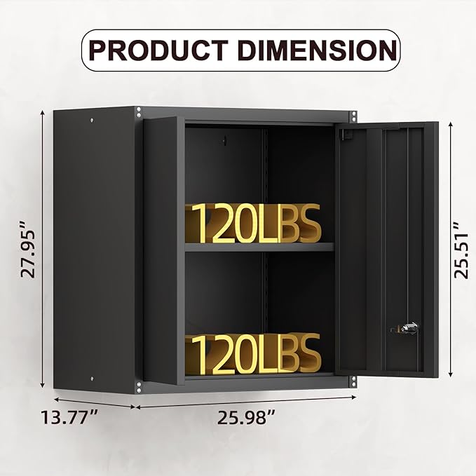Metal Wall Cabinet, Steel Cabinet Wall Mounted, Lockable Storege Cabinet with Doors and Shelves, Upper Cabinets for Home Office, Pantry, Garage, Black