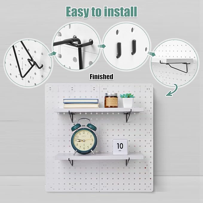 Qunclay 8 Pack Pegboard Shelf Set Wooden Shelves with Metal Brackets Hook Wall Pegboard Shelving Heavy Duty Accessories for Crafts Home Office Garage Workbench(White)