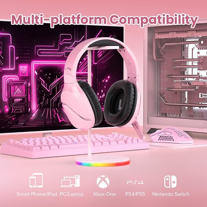 WolfLawS Wireless Gaming Headset with Noise Canceling Microphone for PS5, PC, PS4, 2.4G/Bluetooth Gaming Headphones with USB and Type-c Connector, Wired Mode for Controller - Pink