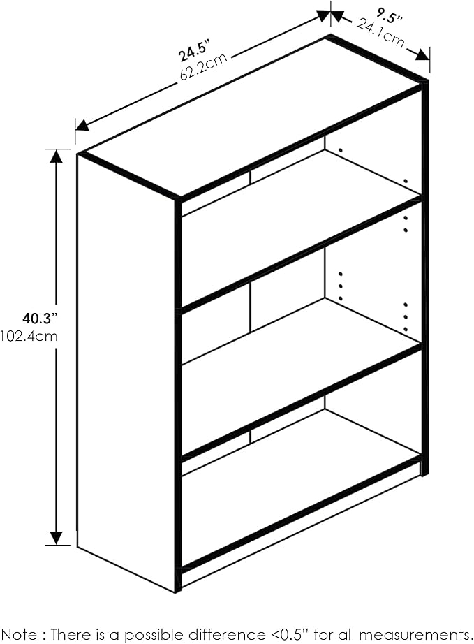 Furinno JAYA Book Shelf, 3-Tier Bookshelf, Bookcase with Adjustable Shelves, 9.5 x 24.5 x 40.3, for Organization and Storage, for Living Room, Bedroom, Home Office, French Oak