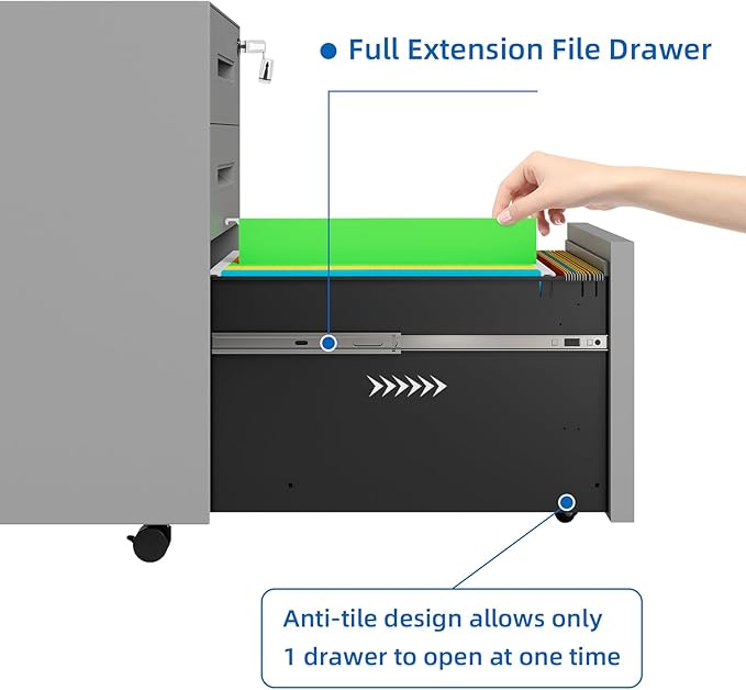 Dripex 3 Drawer Grey File Cabinet, Mobile Under Desk Storage File Cabinet with Lock on Wheels, Fully Assembled, Letter/Legal Size, Small Short Vertical Metal Rolling Filing Cabinets for Home Office
