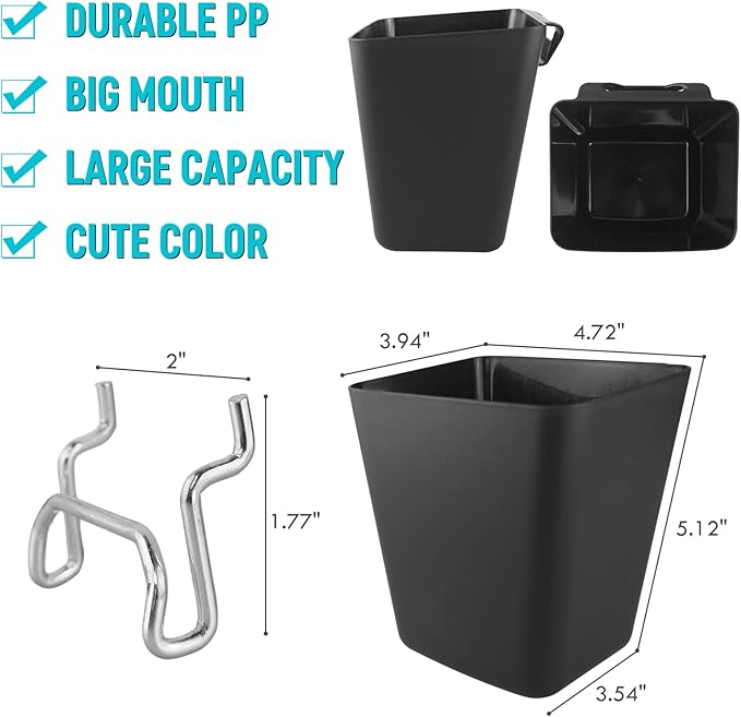 G.CORE Large Pegboard Cups Peg Board Storage Bin 6 Pack with Hooks, Square Box Shape Pegboard Cup Holder Accessories for Garage Workbench/Craft Room/Office/Playroom/Home Kitchen Organization (Black)