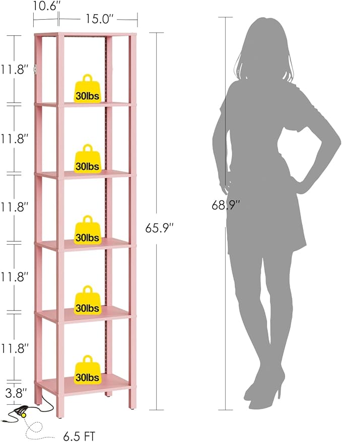 Open Book Shelf with LED Lights, 6 Tier Tall Bookshelf, Freestanding Shelf Narrow Bookcase with Open Shelves, 14.57" x 10.63" x 65.83", Book Shelves for Living Room, Office, Study, Pink