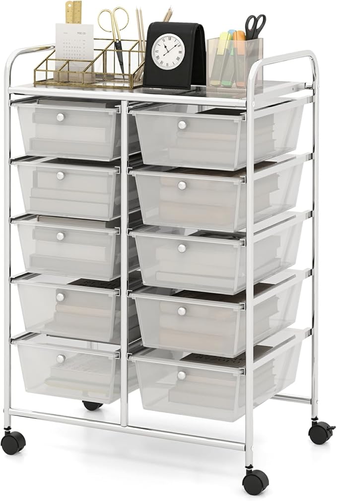Moccha 10-Drawer Rolling Storage Cart - Under Desk Storage Drawers with wheels for Craft Art Supply Paper Salon, Scrapbook Paper Tools, Mobile Utility Cart for Classroom, Clear