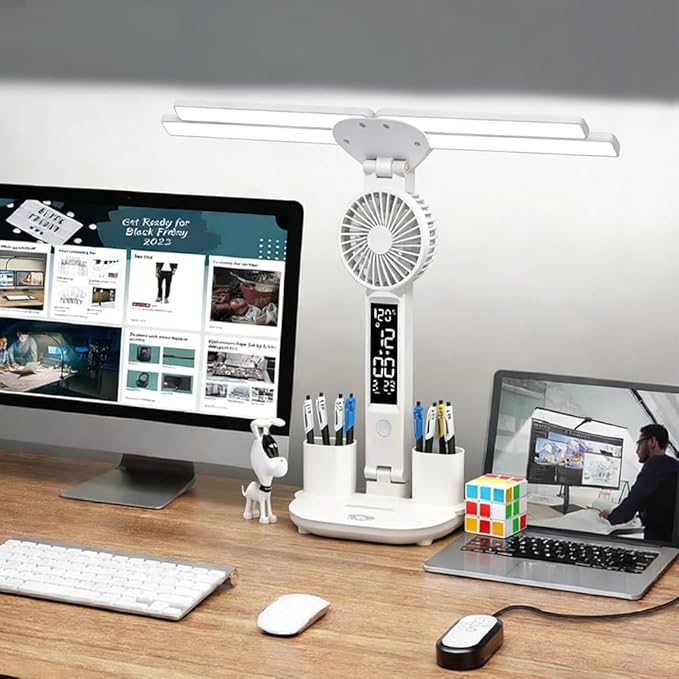 Led Desk Lamp with Fan Study Light with Clock, Adjustable Foldable Table Lamp with Pen Holder, 3 Brightness Levels, USB Charging Port