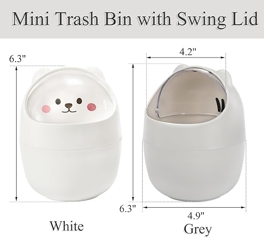 Yesland 2 Pack Desktop Mini Trash Bin with Swing Lid, Cute Bear Plastic Wastebasket Trash Can Countertop Garbage Storage Bucket for Home, Office, Kitchen, Vanity Tabletop, Bedroom, Grey & White