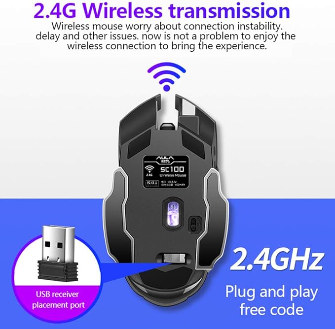 AULA SC100 Silent White Wireless Mouse Rechargeable, RGB LED Backlit, DPI Adjustable, 2.4G Wireless Optical Computer Gaming Mice with USB Receiver, Punk Cool Mouse for Office/Games