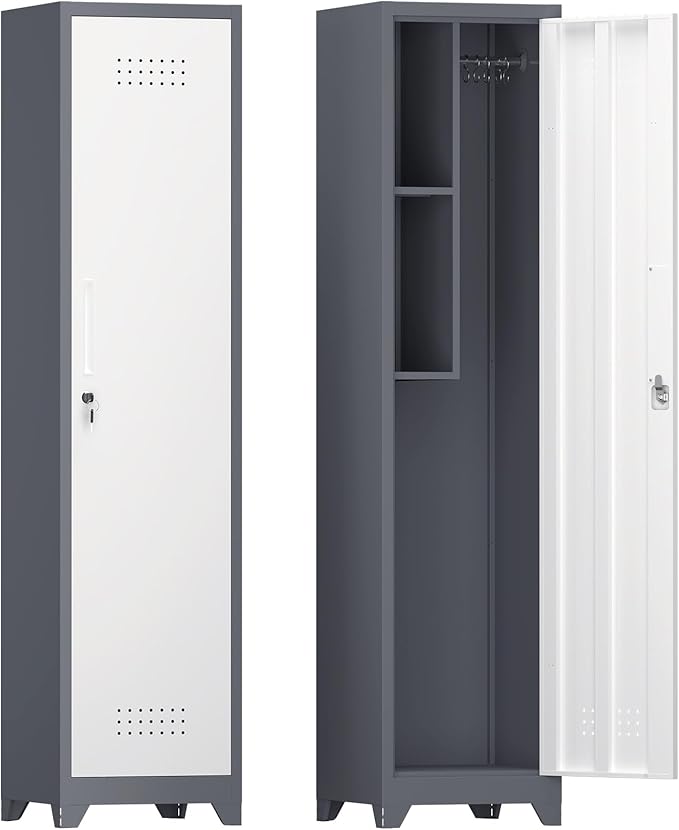 IRONFFICE Metal Storage Cabinet with Lock,65" H Laundry Room Cabinets with Pegboard,Locking Metal Cabinet Heavy Duty for Garage Office,School,Warehouse,Grey-White