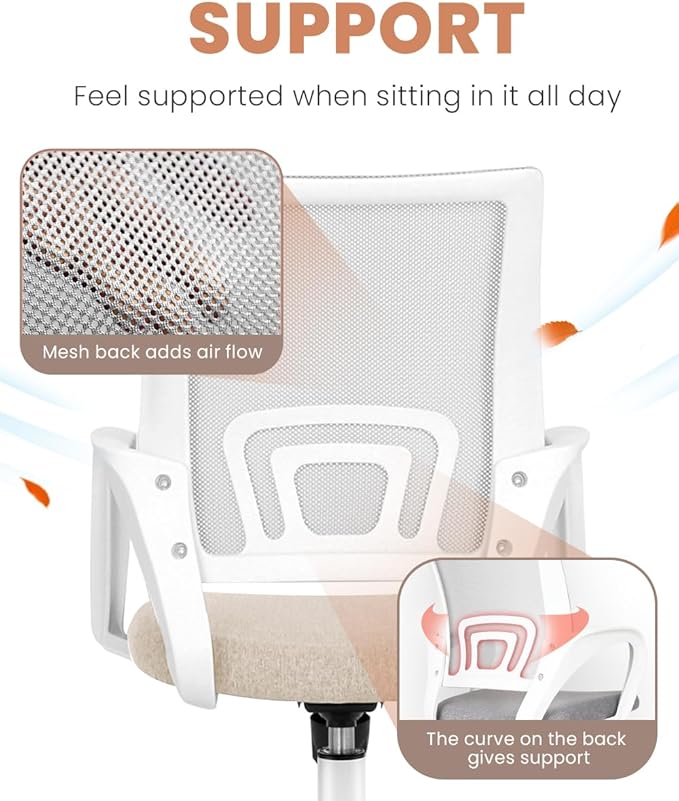 NEO CHAIR Office Desk Computer Chair Ergonomic Mesh Gaming Cushion Seat with Comfy Lumbar Mid Back Support Adjustable Height Swivel Rolling Wheels for Home Task (Beige)