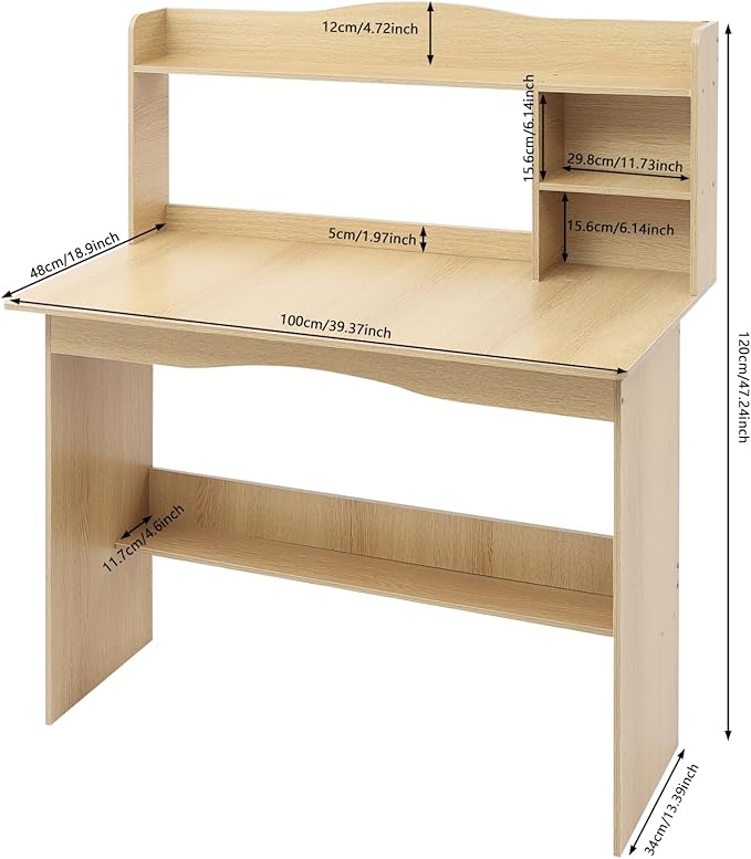 Desk for Small Spaces, Computer Desk Study Writing Desk, 40 X 19 X 47in Home Office Workstation PC Laptop Table Computer Desk with Hutch for Bedrooms Living Room (Wood Color)