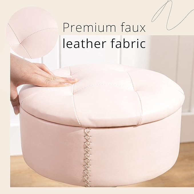 LUE BONA 360°Swivel Vanity Stool Chair for Makeup Room, Height Adjustable Stool for Vanity with Storage, Small Pink Faux Leather for Bathroom, Living Room