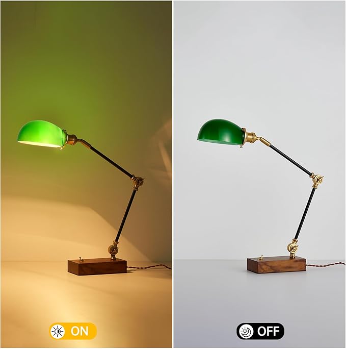 Bankers Lamp, Adjustable Traditional Green Desk Lamp with Solid Ash Wood Base, Green Glass Antique Library Lamp with Power Cord Switch, Plug in Vintage Bankers Desk Lamp for Office 【E26 Socket】