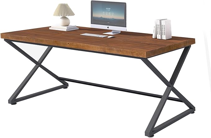 IBF Solid Wood Work Desk, Minimalist 47” Real Wood Computer Desk, Rustic Natural Wood Desk for Home Office Writing Study, Vintage Wooden PC Gaming Computer Table Workstation in Bedroom, Brown, 47 inch