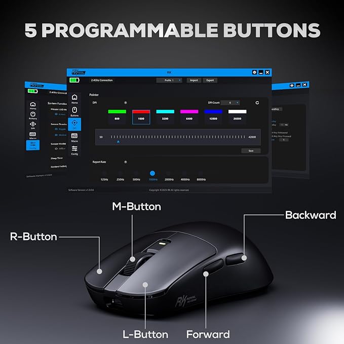 RK ROYAL KLUDGE RK M3 Wireless Gaming Mouse, 47g Lightweight Computer Mouse with PAW3950 Optical Sensor, 8K Polling 42000 DPI, Triple Modes PC Game Mice with 5 Programmable Buttons for Win/Mac, Black