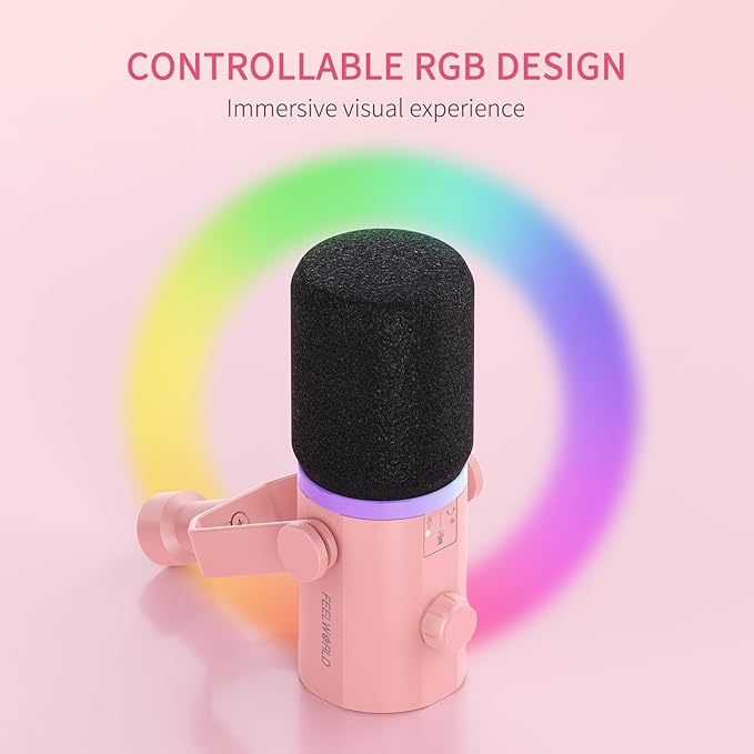 FEELWORLD PM1 XLR USB Dynamic Microphone with Boom Arm Gifts for Podcast Recording PC Computer Gaming Live Streaming Vocal Voice-Over, Studio Metal Mic, RGB Light, Mute Button, Headphones Jack (Pink)