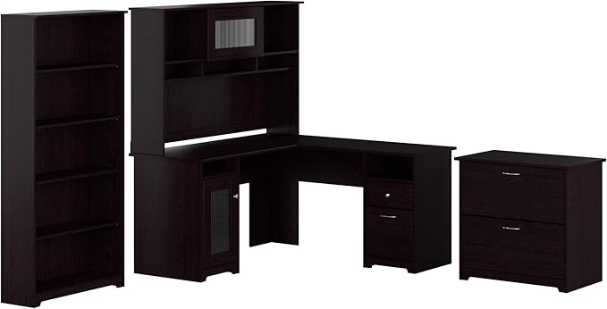 Bush Furniture L Shaped Desk with Hutch, 5 Shelf Bookcase and Lateral File Cabinet | Cabot Collection Corner Computer Table with Storage and Bookshelf | 60Wx23DX37W
