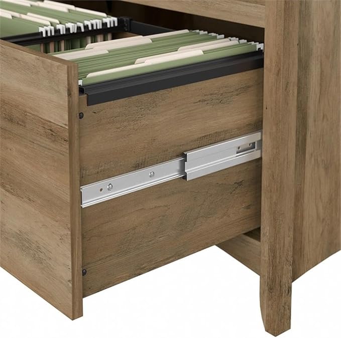 Pemberly Row Engineered Wood L Shaped Desk with Hutch & Storage, Reclaimed Pine Finish, 60W Corner Desk Set with File Cabinet and 5 Shelf Bookcase for Home Office Organization