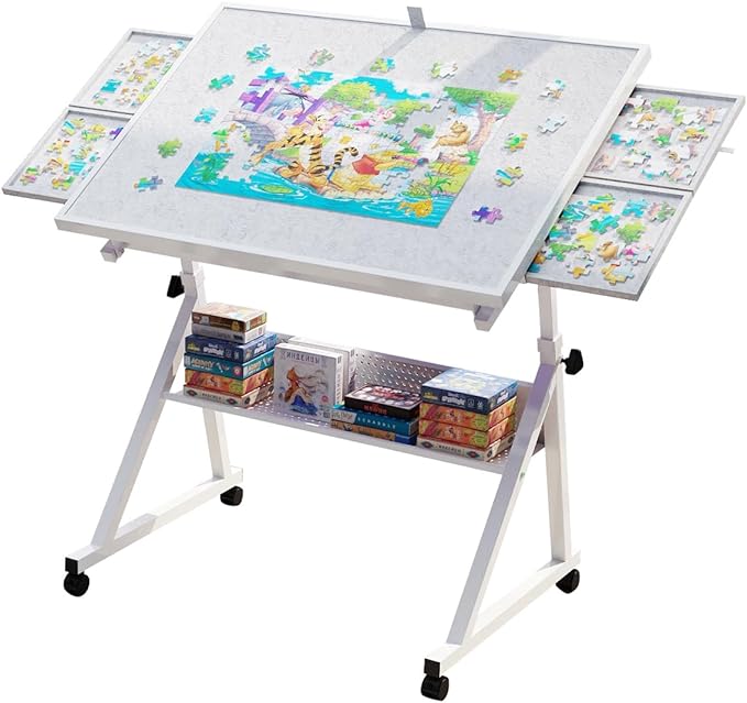 Drafting Table Art Table on Wheels with Storage & 4 Side Trays - Adjustable Drawing Table Tilted Tabletop, Crafting Desk with Storage for Artist Painters Home Office (White C)