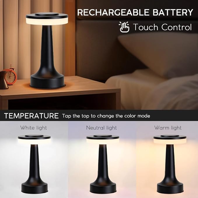 JHPGEOE Cordless Metal Desk Lamp, Touch Sensor Control LED Table Lamp,3 Color Stepless Dimmable Battery Powered Lamp for Living Room, Dorm, Home Office (Black)
