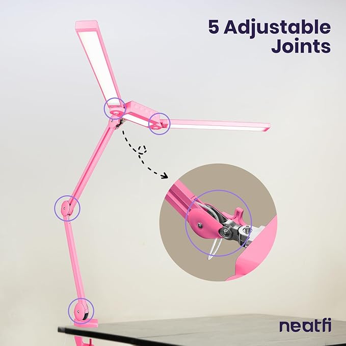Neatfi LED Desk Lamp | 3,000 Lumens | Dimmable 30W Desk Light | 360 SMD LEDs | CRI 95 | Adjustable Color Temperature | Task Lamp for Home, Office, or Workbench (Pink, 41-Inch, CCT with Clamp)
