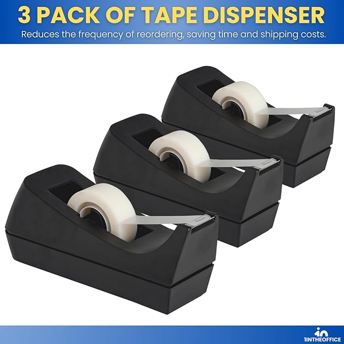 1InTheOffice Tape Dispenser Desk, Weighted Nonskid Base, 1 Inch Core, Black, 3 Pack
