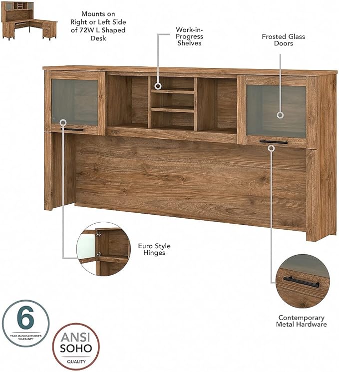 Bush Furniture Somerset 72W 3 Position Sit to Stand L Shaped Desk with Hutch and Bookcase in Fresh Walnut