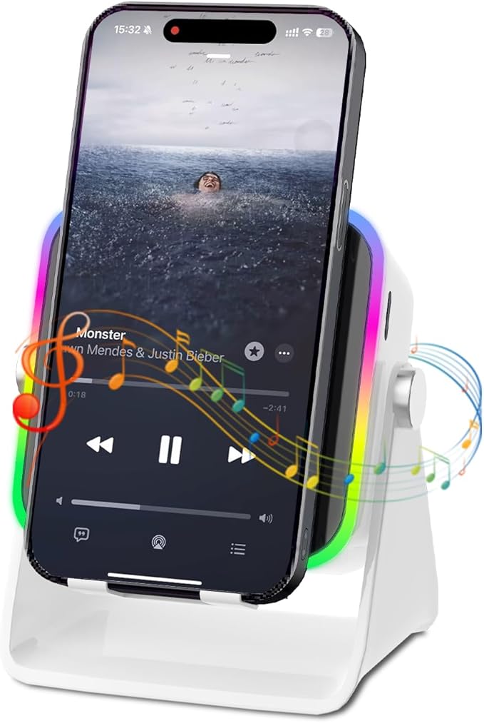 Wireless Induction Speaker 5-in-1 Bluetooth Speaker with Phone Holder, Surround Sound, 3500mAh, 8 RGB Ambient Lights, 360° Adjustable Stand, Holder for iPhone/Android/iPad Gifts for Men Women (White)