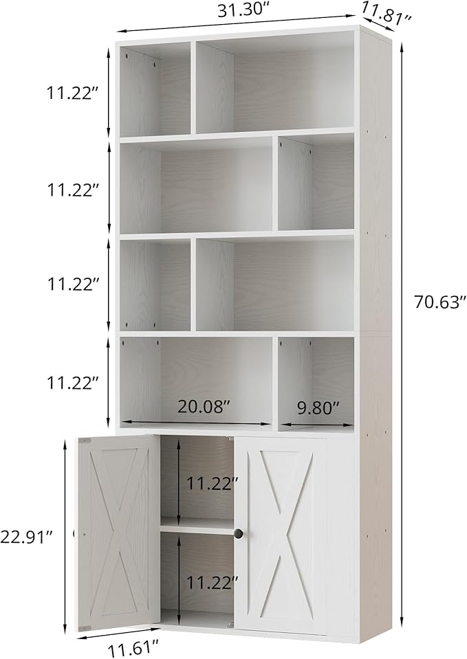 IRONCK Book Shelf, Tall Bookshelf with Storage, Bookshelves and Bookcases with Doors, 4-Tier Bookcase with 8 Open Cubes for Living Room, Office, Study, White