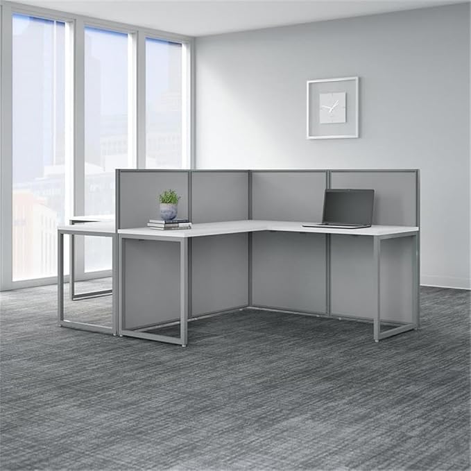 Scranton & Co 2 Person Engineered Wood L-Shaped Cubicle Desk, 60W x 24D Work Surface, 45H Panels, Thermally Fused Laminate, White Finish, Metal Legs, Office Workstation with Privacy Panels