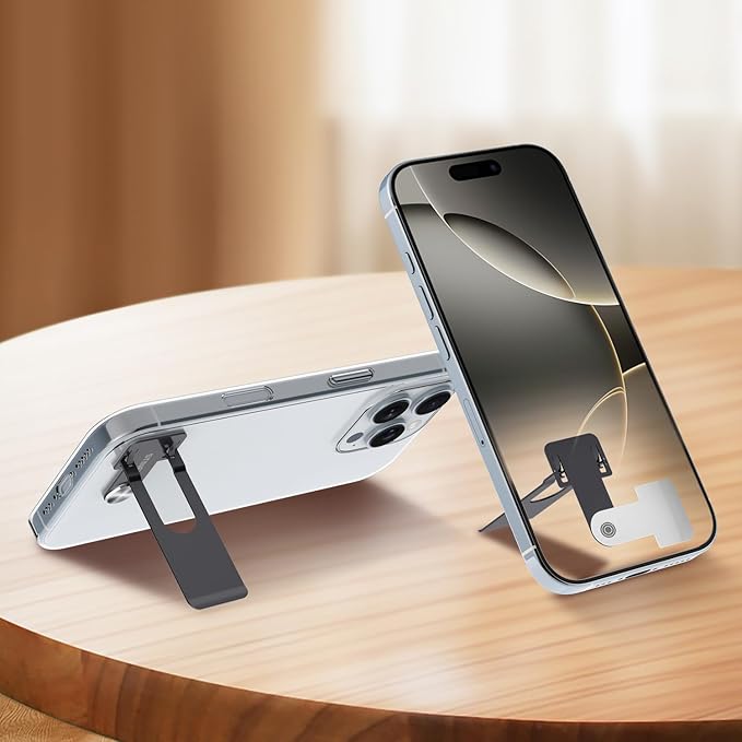 Phone Slim Stand Thin Kickstand, Ultra Thin Vertical Horizontal Universal Steel Metal Stable Mount Attachable Pocket Friendly Phone Holder for iPhone Samsung Phone Case (Black 1-Pack)
