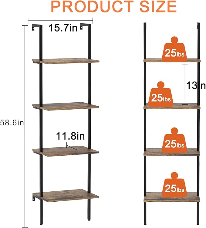 Wolawu Ladder Shelf 4 Tiers Metal Industrial Bookshelf,Brown Wood Tall Open Storage Rack and Display Shelves,Wall Mount Wide Book Case for Home Office Bedroom,Small