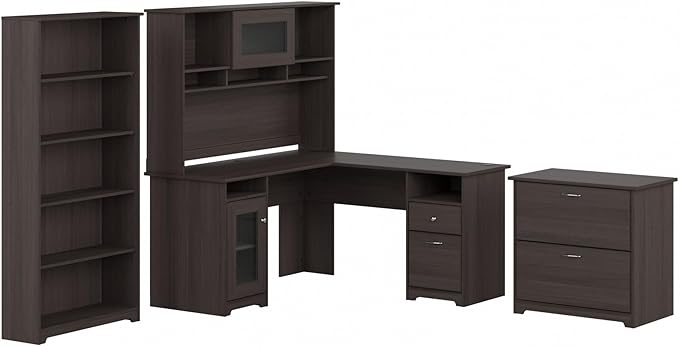 Bush Furniture L Shaped Desk with Hutch, 5 Shelf Bookcase and Lateral File Cabinet | Cabot Collection Corner Computer Table with Storage and Bookshelf